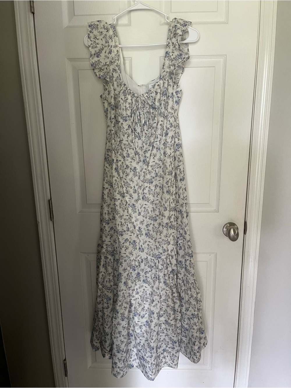 Women's Cream Maxi Dress with Blue Floral Print and Ruffle Straps